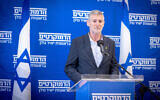 Leader of The Democrats Yair Golan holds a press conference in Tel Aviv, on February 13, 2025 (Miriam Alster/Flash90)