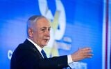 Prime Minister Benjamin Netanyahu attends a Conference of Presidents of Major American Jewish Organizations in Jerusalem, on February 16, 2025. (Chaim Goldberg/Flash90)