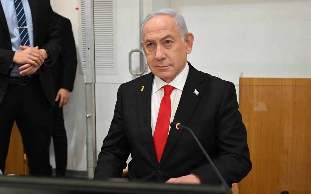 Prime Minister Benjamin Netanyahu arrives for his trial at the Tel Aviv District Court on February 19, 2025. (Tamar Matsafi/ POOL)