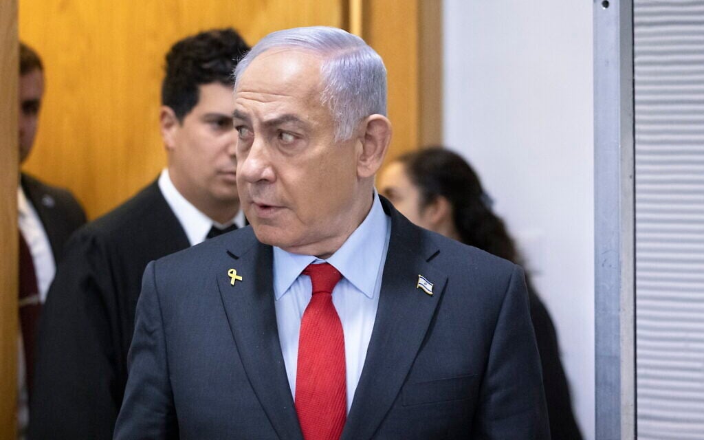 Prime Minister Benjamin Netanyahu arrives to the courtroom at the Tel Aviv District Court, before the start of his testimony in the trial against him, February 24, 2025.(Moti Milrod/POOL)