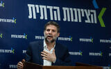 Finance Minister and Religious Zionism head  Bezalel Smotrich leads a faction meeting at the Knesset, the Israeli parliament in Jerusalem, February 24, 2025. (Yonatan Sindel/Flash90)