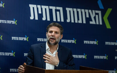 Finance Minister and Religious Zionism head  Bezalel Smotrich leads a faction meeting at the Knesset, the Israeli parliament in Jerusalem, February 24, 2025. (Yonatan Sindel/Flash90)