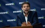 Finance Minister Bezalel Smotrich leads a meeting of his Religious Zionism parliamentary faction, at the Knesset in Jerusalem, February 24, 2025. (Yonatan Sindel/Flash90)