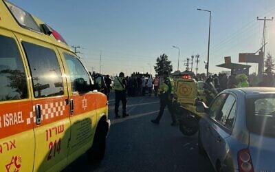 Emergency forces seen at the scene of a ramming attack at Karkur Junction, February 27, 2025 (Magen David Adom)