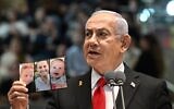 Prime Minister Benjamin Netanyahu speaks at a graduation ceremony for cadets in the IDF Ground Forces officers' course, and holds up a photo of slain hostages Shiri, Kfir, and Ariel Bibas, February 23, 2025. (Haim Tzach/GPO)