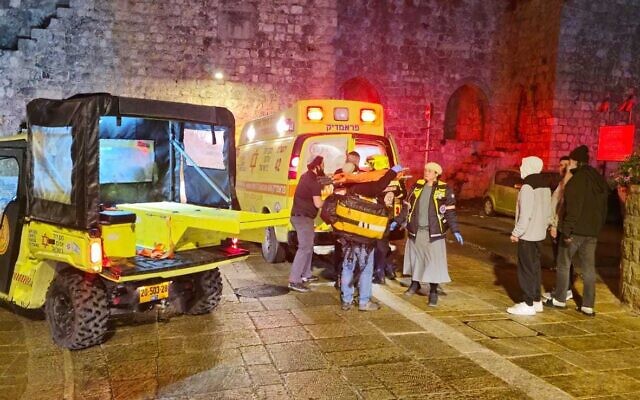 Medics at the scene of an axe attack in Jerusalem's Old City that moderately injured a woman, February 19, 2025. (Magen David Adom) Medics at the scene of an axe attack in Jerusalem's Old City that moderately injured a woman, February 19, 2025. (Magen David Adom)