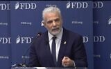 Opposition Leader Yair Lapid presents a plan for the post-war Gaza Strip, in Washington DC, February 25, 2025. (Screenshot/FDD)