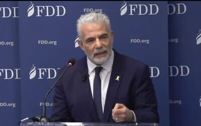 Opposition Leader Yair Lapid presents a plan for the post-war Gaza Strip, in Washington DC, February 25, 2025. (Screenshot/FDD)