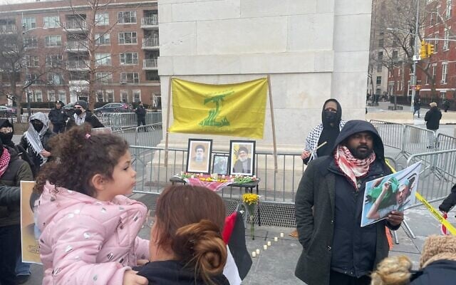 A funeral event for Hezbollah terror chief Hassan Nasrallah in New York City, February 23, 2025. (Luke Tress/Times of Israel)