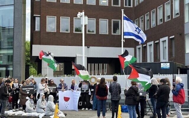 Protestors gather in front of the Israeli Embassy in Dublin to protest Israel’s war against Hamas in Gaza, on May 14, 2024. (Stringer/Anadolu)