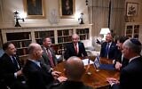 Prime Minister Benjamin Netanyahu (C) meets with US special envoy Steve Witkoff  (3rd R) and National Security Adviser Michael Waltz (3rd L) , accompanied by Strategic Affairs Minister Ron Dermer (2nd R), National Security Adviser Tzachi Hanegbi (2nd L), Ambassador to the US Yechiel Leiter (R), and Chief of Staff Tzachi Braverman (L) and military secretary Roman Gofman (bottom C) in Washington on February 4, 2025. (Avi Ohayon/GPO)
