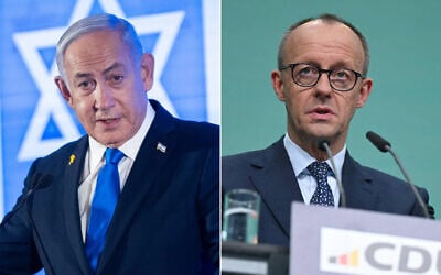 L: Prime Minister Benjamin Netanyahu attends a Conference of Presidents of Major American Jewish Organizations event in Jerusalem, on February 16, 2025. (Chaim Goldberg/Flash90) R: Leader and top candidate for chancellor of Germany's Christian Democratic Union (CDU) Friedrich Merz addresses a press conference following a CDU party leadership meeting at the party's headquarters, the Konrad-Adenauer-Haus, in Berlin, on February 24, 2025, (Ina Fassbender/AFP)