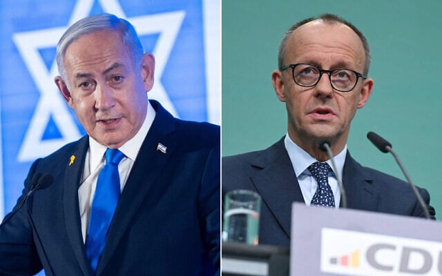 L: Prime Minister Benjamin Netanyahu attends a Conference of Presidents of Major American Jewish Organizations event in Jerusalem, on February 16, 2025. (Chaim Goldberg/Flash90) R: Leader and top candidate for chancellor of Germany's Christian Democratic Union (CDU) Friedrich Merz addresses a press conference following a CDU party leadership meeting at the party's headquarters, the Konrad-Adenauer-Haus, in Berlin, on February 24, 2025, (Ina Fassbender/AFP) L: Prime Minister Benjamin Netanyahu attends a Conference of Presidents of Major American Jewish Organizations event in Jerusalem, on February 16, 2025. (Chaim Goldberg/Flash90) R: Leader and top candidate for chancellor of Germany's Christian Democratic Union (CDU) Friedrich Merz addresses a press conference following a CDU party leadership meeting at the party's headquarters, the Konrad-Adenauer-Haus, in Berlin, on February 24, 2025, (Ina Fassbender/AFP)