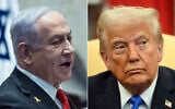 Prime Minister Benjamin Netanyahu (left) speaks at the plenum hall of the Knesset in Jerusalem, February 10, 2025. (Yonatan Sindel/Flash90); US President Donald Trump in the Oval Office of the White House in Washington, DC, on February 7, 2025. (Jim Watson/AFP)