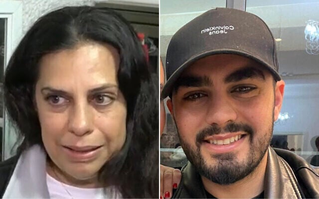 Keren Aivas (left), whose son Niv (right) was shot dead on October 8, 2023, when security forces misidentified him as a terrorist, in a report broadcast by Channel 12 news on February 6, 2025. (Screen captures: Channel 12, social media, used in accordance with Clause 27a of the Copyright Law)