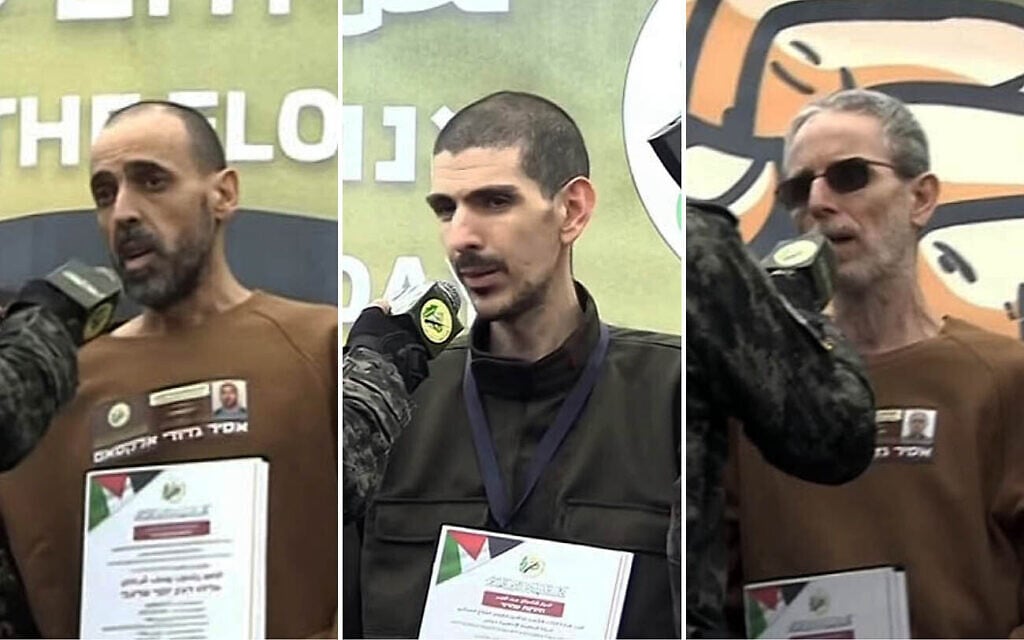 From left: Eli Sharabi, Or Levy and Ohad Ben Ami are seen on a stage in Deir Al-Balah, central Gaza Strip, at a Hamas propaganda ceremony on their release from captivity, Feb. 8, 2025 (Screen grab/YouTube)