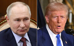 L: Russian President Vladimir Putin, at the Kremlin in Moscow, Russia, February 17, 2025. (Mikhail Metzel, Sputnik, Kremlin Pool Photo via AP); R: US President Donald Trump at his Mar-a-Lago golf club in in Palm Beach, Florida, February 18, 2025. (Pool via AP)