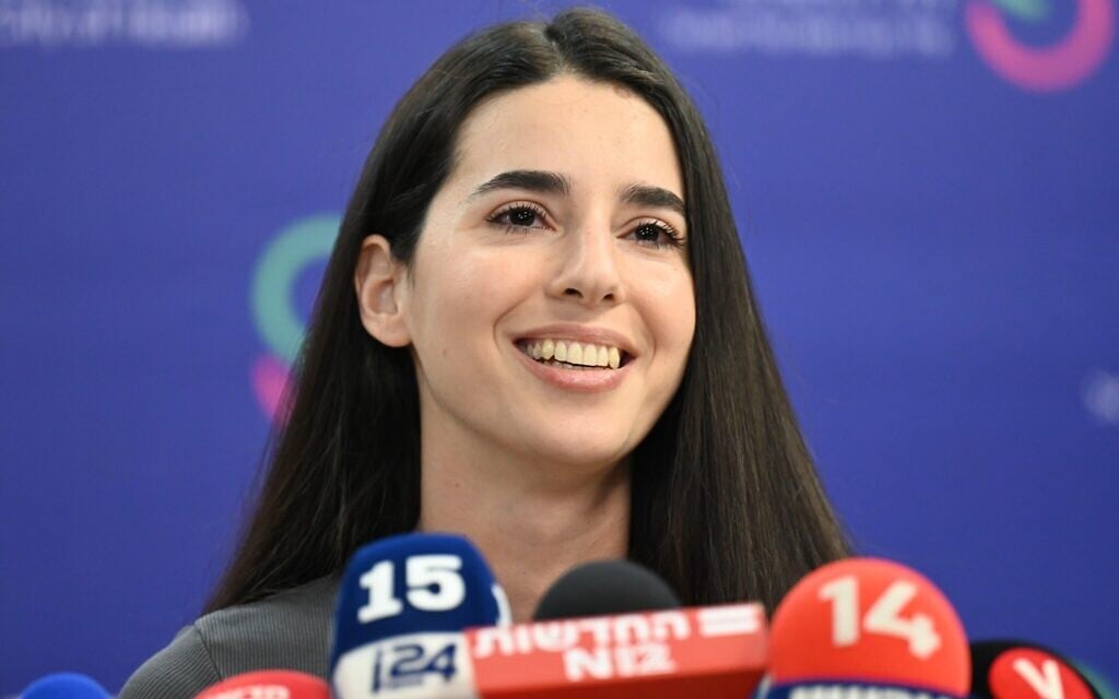 Sapir Cohen, girlfriend of Sasha Troufanov, who was released from captivity in Gaza after 498 days on February 15, 2025, speaks to the press on February 16, 2025. (Hostages Families Forum)