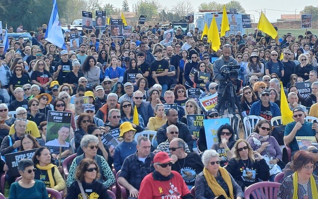 Members of Kibbutz Be'eri gather at the kibbutz to mark the 500th day since the October 7, 2023, Hamas onslaught and mass kidnapping there and across southern Israel, on February 17, 2025. (Courtesy Kibbutz Be'eri)