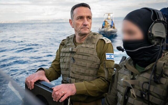 IDF Chief of Staff Lt. Gen. Herzi Halevi is seen on a Navy vessel with members of the Shayetet 13 commando unit, in an image released on February 15, 2025. (Israel Defense Forces)