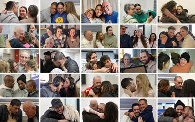 All of the 25 living hostages released during the first phase of the Gaza ceasefire-hostage deal, shown reunited with their families. Top row, from left: Karina Ariev, Liri Albag, Doron Steinbrecher, Emily Damari, Romi Gonen. 2nd row, from left: Gadi Mozes, Arbel Yehoud, Agam Berger, Naama Levy, Daniella Gilboa. 3rd row, from left: Ohad Ben Ami, Or Levy, Ofer Calderon, Yarden Bibas, Keith Siegel. 4th row, from left: Avera Mengistu, Sasha Troufanov, Iair Horn, Sagui Dekel-Chen, Eli Sharabi. Bottom row, from left: Hisham al-Sayed, Eliya Cohen, Omer Wenkert, Omer Shem Tov, Tal Shoham. (Photos by IDF and GPO)