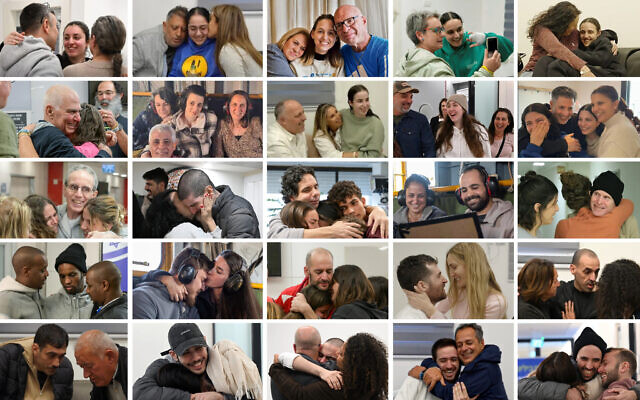 All of the 25 living hostages released during the first phase of the Gaza ceasefire-hostage deal, shown reunited with their families. Top row, from left: Karina Ariev, Liri Albag, Doron Steinbrecher, Emily Damari, Romi Gonen. 2nd row, from left: Gadi Mozes, Arbel Yehoud, Agam Berger, Naama Levy, Daniella Gilboa. 3rd row, from left: Ohad Ben Ami, Or Levy, Ofer Calderon, Yarden Bibas, Keith Siegel. 4th row, from left: Avera Mengistu, Sasha Troufanov, Iair Horn, Sagui Dekel-Chen, Eli Sharabi. Bottom row, from left: Hisham al-Sayed, Eliya Cohen, Omer Wenkert, Omer Shem Tov, Tal Shoham. (Photos by IDF and GPO)