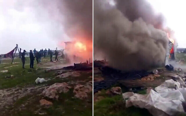 Makeshift buildings in a West Bank Bedouin village burn after being reportedly torched by Israeli settlers on February 22, 2025. (Screenshot/X)