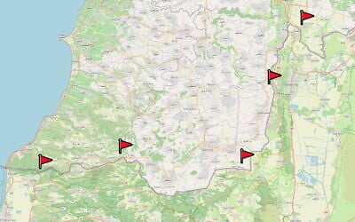 A map showing the locations of five IDF posts in southern Lebanon that troops will remain deployed to after a February 18, 2025, deadline. (Times of Israel; OpenStreetMap)