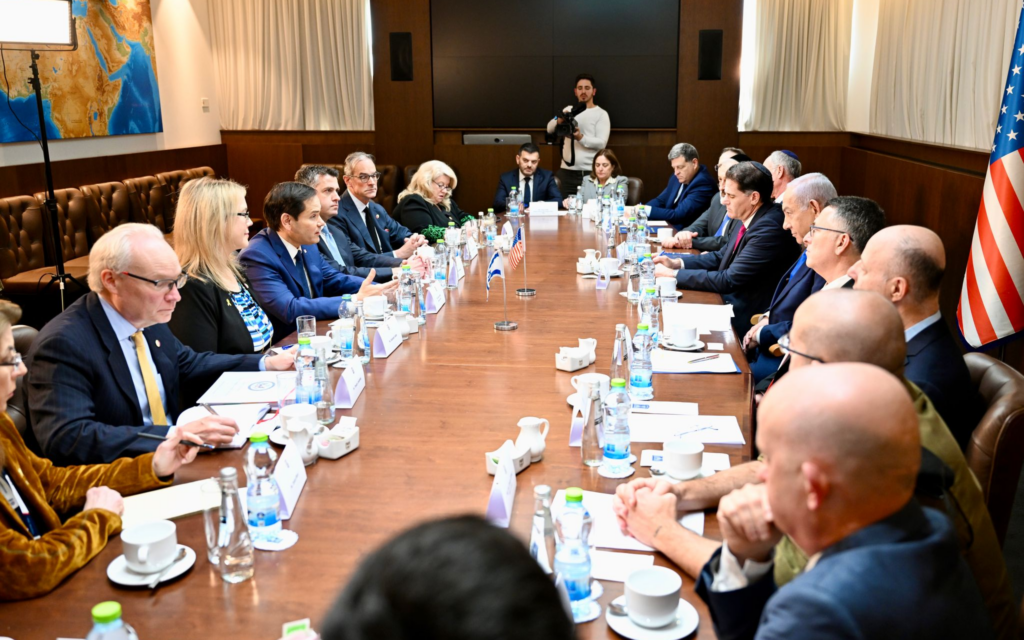 US Secretary of State Marco Rubio and Prime Benjamin Netanyahu hold an expanded meeting at the Prime Minister’s Office in Jerusalem, February 16, 2025 (David Azagury/US Embassy Jerusalem)