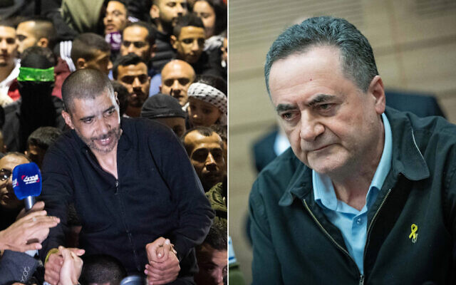Left: Freed terror chief Zakaria Zubeidi is welcomed in the West Bank city of Ramallah after being released from Israeli prison as part of a hostage-ceasefire deal, January 30, 2025. (Flash90); Right: Defense Minister Israel Katz attends a meeting at the Knesset in Jerusalem, January 22, 2025. (Yonatan Sindel/Flash90) Left: Freed terror chief Zakaria Zubeidi is welcomed in the West Bank city of Ramallah after being released from Israeli prison as part of a hostage-ceasefire deal, January 30, 2025. (Flash90); Right: Defense Minister Israel Katz attends a meeting at the Knesset in Jerusalem, January 22, 2025. (Yonatan Sindel/Flash90)