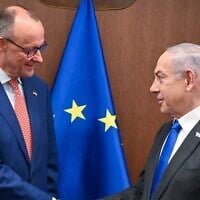 Prime Minister Benjamin Netanyahu, right, meets Germany's then-opposition leader, now Chancellor Friedrich Merz at the Prime Minister's Office in Jerusalem, February 12, 2024. (Kobi Gideon / GPO)