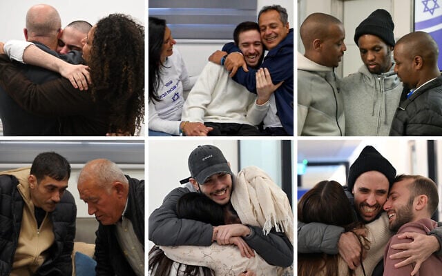 The six hostages released on February 22, 2025 reunite with their families. Top row from left: Omer Wenkert, Omer Shem Tov, Avera Mengistu. Bottom row from left: Hisham al-Sayed, Eliya Cohen, Tal Shoham. (IDF) The six hostages released on February 22, 2025 reunite with their families. Top row from left: Omer Wenkert, Omer Shem Tov, Avera Mengistu. Bottom row from left: Hisham al-Sayed, Eliya Cohen, Tal Shoham. (IDF)