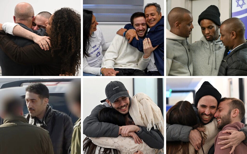 The six hostages released on February 22, 2025 reunite with their families. Top row from left: Omer Wenkert, Omer Shem Tov, Avera Mengistu. Bottom row from left: Hisham al-Sayed, Eliya Cohen, Tal Shoham. (IDF)
