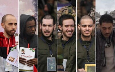 Israeli hostages released February 22, 2025 (left to right): Tal Shoham, Avera Mengistu seen on stage in Rafah (Omar Al-Qattaa/AFP/Jehad Alshrafi/AP Photo); Eliya Cohen, Omer Shem Tov and Omer Wenkert on stage in Nuseirat (Abdel Kareem Hana/AP Photo); Hisham al-Sayed in Gaza (X screenshot)