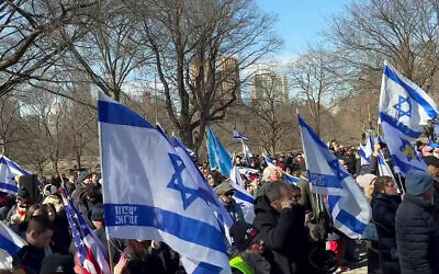 Hundreds gather in New York’s Central Park for a rally urging a continuation of the Gaza hostage-ceasefire deal until all captives have been returned to Israel, February 23, 2025 (X screenshot, used in accordance with clause 27a of the copyright law).
