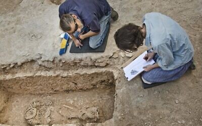 Archaeologists examine a rare skeleton bound in iron rings found in the remains of a church some three kilometers northwest of Jerusalem. (Yoli Schwartz/Israel Antiquities Authority)