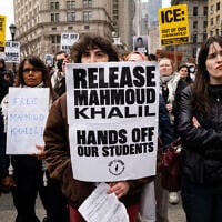 Protesters rally in support of Mahmoud Khalil outside his court hearing in New York City, March 12, 2025. (Luke Tress)
