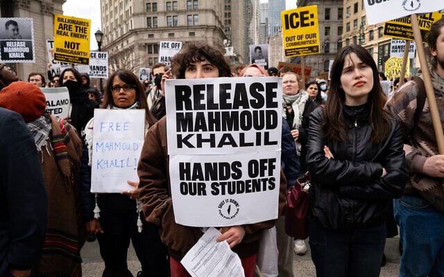Protesters rally in support of Mahmoud Khalil outside his court hearing in New York City, March 12, 2025. (Luke Tress)