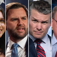 L to R: US Intelligence Director Tulsi Gabbard in New Delhi, India, on March 17, 2025. (India Government Information Office), US Vice President JD Vance in Washington, March 10, 2025. (AP Photo/Mark Schiefelbein), US Defense Secretary Pete Hegseth in Washington, March 21, 2025. (AP Photo/Mark Schiefelbein); The Atlantic editor Jeffrey Goldberg moderates a discussion on PBS, March 21, 2025. (Screen capture via YouTube)