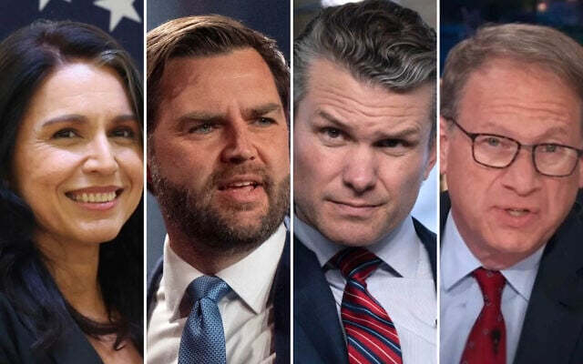 L to R: US Intelligence Director Tulsi Gabbard in New Delhi, India, on March 17, 2025. (India Government Information Office), US Vice President JD Vance in Washington, March 10, 2025. (AP Photo/Mark Schiefelbein), US Defense Secretary Pete Hegseth in Washington, March 21, 2025. (AP Photo/Mark Schiefelbein); The Atlantic editor Jeffrey Goldberg moderates a discussion on PBS, March 21, 2025. (Screen capture via YouTube) L to R: US Intelligence Director Tulsi Gabbard in New Delhi, India, on March 17, 2025. (India Government Information Office), US Vice President JD Vance in Washington, March 10, 2025. (AP Photo/Mark Schiefelbein), US Defense Secretary Pete Hegseth in Washington, March 21, 2025. (AP Photo/Mark Schiefelbein); The Atlantic editor Jeffrey Goldberg moderates a discussion on PBS, March 21, 2025. (Screen capture via YouTube)