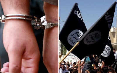Left to right: Illustrative: A handcuffed man in Jerusalem. (Olivier Fitoussi /FLASH90); Demonstrators wave the Islamic State terror group's flags in Mosul, Iraq, June 16, 2014. (AP Photo, File)