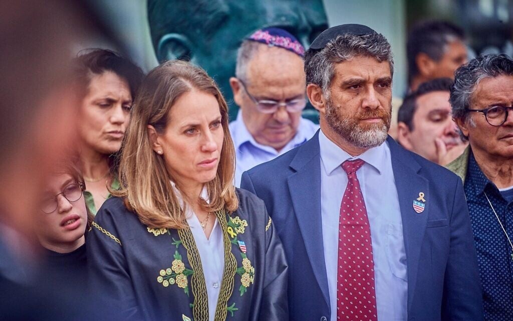 Shira and Moshe Shapiro, bereaved parents of Aner Shapiro, who was killed during his heroic actions on October 7, 2023, in Beziers, France in May 2024 during a dedication of a bust in Aner's image (Courtesy)