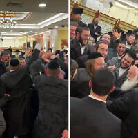 Housing Minister Yitzchak Goldknopf dances with other attendants at his nephew's wedding, March 23, 2025. (Screenshot: X; used in accordance with Clause 27a of the Copyright Law)