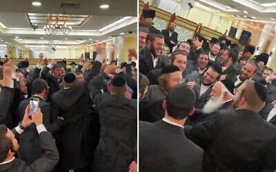 Housing Minister Yitzchak Goldknopf dances with other attendants at his nephew's wedding, March 23, 2025. (Screenshot: X; used in accordance with Clause 27a of the Copyright Law)
