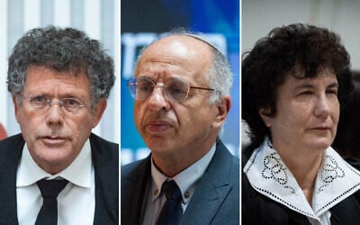 Left to right: Supreme Court President Isaac Amit arrives for a court hearing at the Supreme Court in Jerusalem on March 3, 2025. (Chaim Goldberg/Flash90); incoming Deputy Supreme Court President Noam Sohlberg attends a state ceremony for fallen Israeli soldiers at Mount Herzl Military Cemetery in Jerusalem on March 6, 2025. (Chaim Goldberg/Flash90); Supreme Court Justice Daphne Barak-Erez attends the swearing-in ceremony of Justice Isaac Amit as president of the Supreme Court, at the Israeli President's residence in Jerusalem, February 13, 2025. (Yonatan Sindel/Flash90)