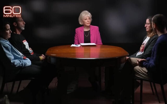 Released hostage Tal Shoham, 1st right, is interviewed on CBS's '60 Minutes' with the parents of hostage Guy Gilboa-Dalal, left, and mother of hostage Evyatar David, 2nd right, on March 30, 2025. (CBS/60 Minutes)