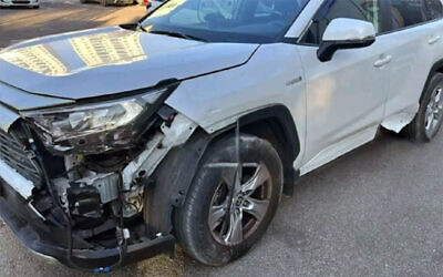 A stolen Israeli vehicle taken by a Palestinian man who crashed it into a checkpoint next to the Tzrifin Israel Defense Forces base, east of Rishon Lezion, on March 11, 2025. (Social media/X; used in accordance with Clause 27a of the Copyright Law)