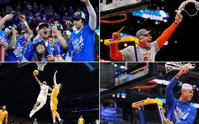 From top left clockwise: Florida head coach Todd Golden celebrates with his player after defeating Texas Tech on March 29, 2025, in San Francisco. (AP/Godofredo A. Vásquez); Auburn head coach Bruce Pearl celebrates after beating Michigan State, March 30, 2025, in Atlanta. (AP/George Walker IV); Duke head coach Jon Scheyer waves the net after Duke defeated Alabama on March 29, 2025, in Newark, N.J. (AP/Frank Franklin II); Emanuel Sharp shoots the ball against the Tennessee Volunteers on March 30, 2025 in Indianapolis, Indiana. (Andy Lyons/Getty Images/AFP)