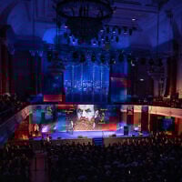 A picture of Theodor Herzl on August 29, 2022, during celebrations of the 125th anniversary of the First Zionist Congress at the historic Stadtcasino in Basel, where Herzl convened the first congress that paved the way for the creation of the State of Israel. (Fabrice Cofrinni / AFP)