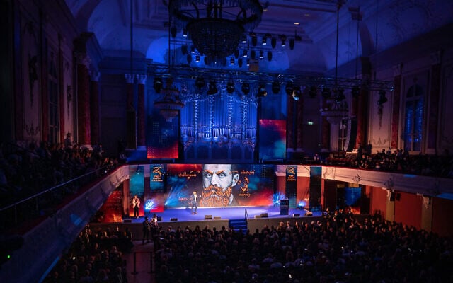A picture of Theodor Herzl on August 29, 2022, during celebrations of the 125th anniversary of the First Zionist Congress at the historic Stadtcasino in Basel, where Herzl convened the first congress that paved the way for the creation of the State of Israel. (Fabrice Cofrinni / AFP)